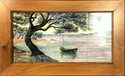 a picture of a painting of a boat in the water