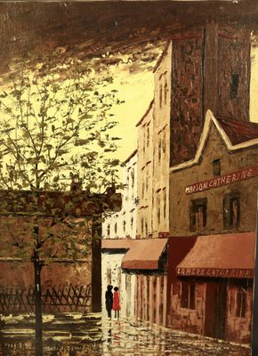 a painting of a woman walking down the street