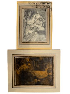 two framed pictures of a woman and a dog on a white background