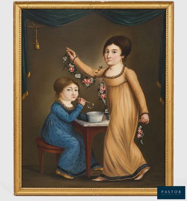 une peinture à l'huile représentant deux enfants assis à une table devant un bol de nourriture