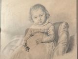 an old drawing of a young girl sitting in a chair holding a teddy bear