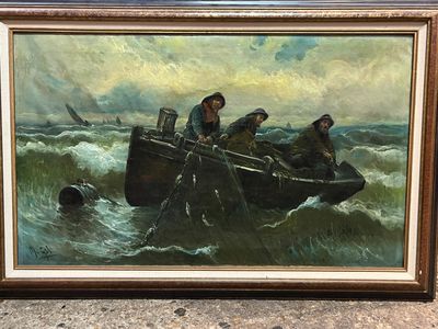 tableau représentant un groupe d'hommes dans un bateau sur une mer agitée