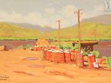 une peinture à l'huile représentant un chemin de terre avec plusieurs fûts posés sur le bord de la route