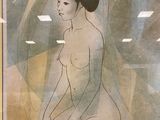 painting of a woman sitting on a stool with a flower in her hair