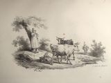 a drawing of a man standing next to a herd of cattle