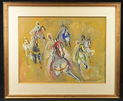 a painting of a group of people riding horses