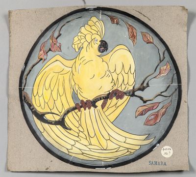 un tableau représentant un oiseau jaune perché sur une branche d'arbre