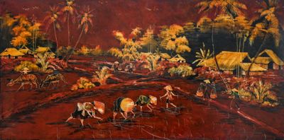 painting of a man plowing a field with a group of cows