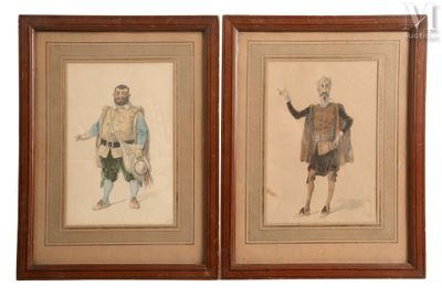deux dessins encadrés représentant des hommes en costume et coiffés de chapeaux, dont l'un tient une canne