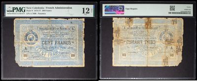 two old paper currency notes with a black background