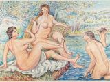 tableau représentant trois nus assis sur un rocher au bord d'une rivière