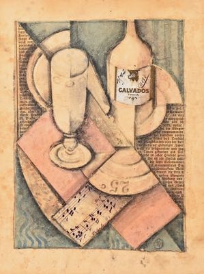peinture représentant une nature morte avec une bouteille de vin et une assiette de nourriture