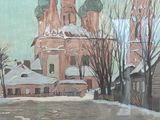tableau représentant une église sous la neige, avec une flaque d'eau devant