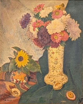 a painting of flowers in a vase on a table
