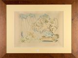 framed picture of a drawing of a man and a woman on a swing