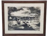 framed black and white drawing of a harbor scene with boats