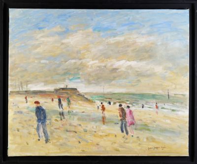 un tableau représentant des personnes marchant sur la plage au bord de l'eau