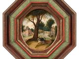 an image of a painting of a man sitting on a bench under a tree