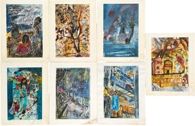 Plusieurs tableaux, de couleurs et de tailles variées, sont exposés sur une surface blanche