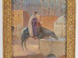 painting of a man on a horse drinking water from a well