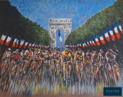 an image of a painting of a group of cyclists riding down a street