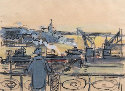 drawing of a man standing in front of a harbor filled with boats