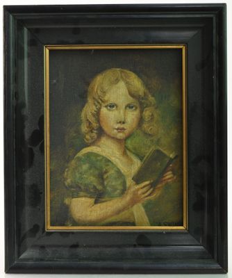 painting of a young girl holding a book in a black frame