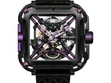 La montre noire et violette est conçue pour ressembler à une montre squelette.