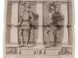 an old book with a drawing of two men standing next to each other
