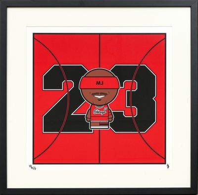 a framed picture of a basketball player with the number 23 on it