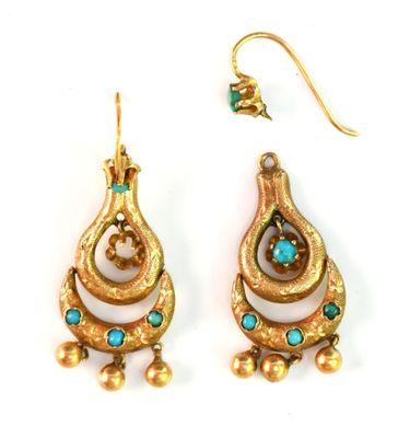 pair of gold and turquoise earrings on a white background