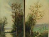 deux tableaux représentant un paysage avec une rivière et un homme à cheval