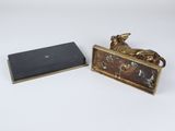 pair of antique brass figurines of a dog and a box