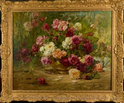 painting of flowers in a vase on a table with a black background