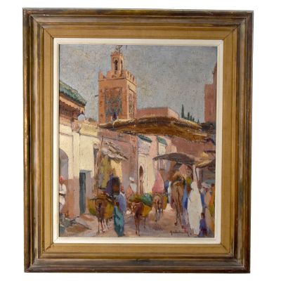 une peinture à l'huile représentant une scène de rue avec des personnages et un cheval