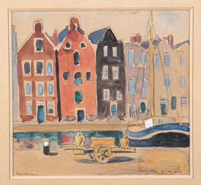 a watercolor painting of a boat in a harbor