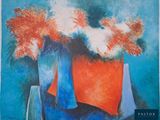 painting of flowers in vases on a table with a blue background