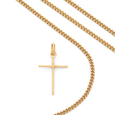 un pendentif en forme de croix en or avec une chaîne, sur fond blanc