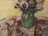 une peinture de fleurs dans un vase sur une table