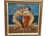 an oil painting of two men hugging each other on a beach