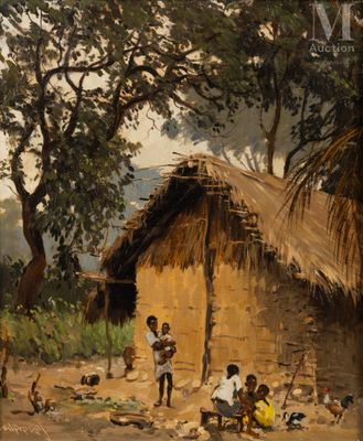 an image of a painting of a group of people outside of a hut