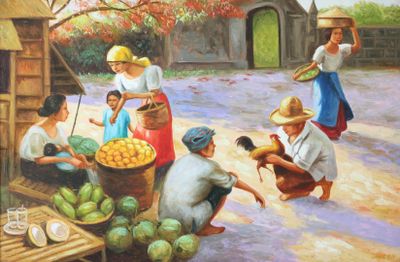 tableau représentant un groupe de personnes avec des paniers de fruits dans une cour