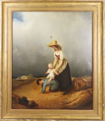 une peinture à l'huile représentant une femme et un enfant dans un champ