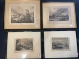 four black and white pictures of a castle, a castle, and a river