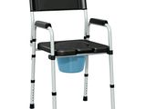 an image of a black and white chair with a blue bucket