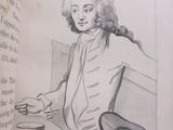 a drawing of a man sitting at a table with a cup of coffee