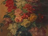 peinture représentant des fleurs dans un vase bleu posé sur une table
