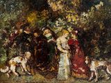 painting of a group of people and dogs in a wooded setting