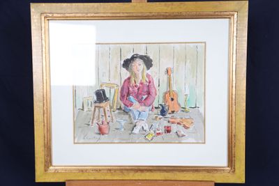 tableau représentant une femme et un enfant assis dans une pièce avec une guitare