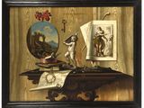 an image of a painting on a table with a clock and other items